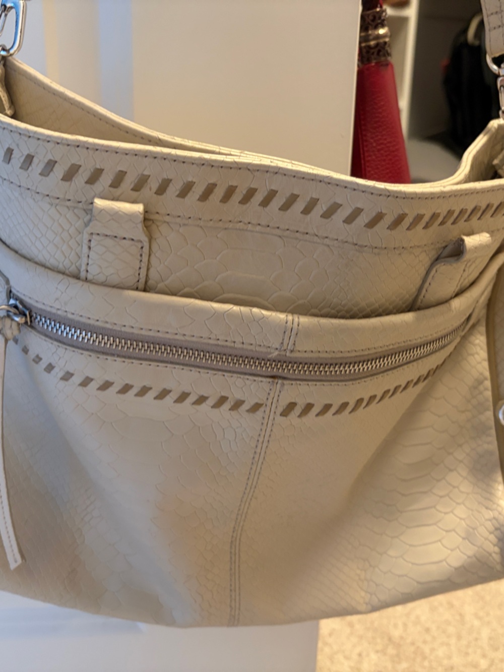 Cream Textured Hobo Bag with Zip Pocket